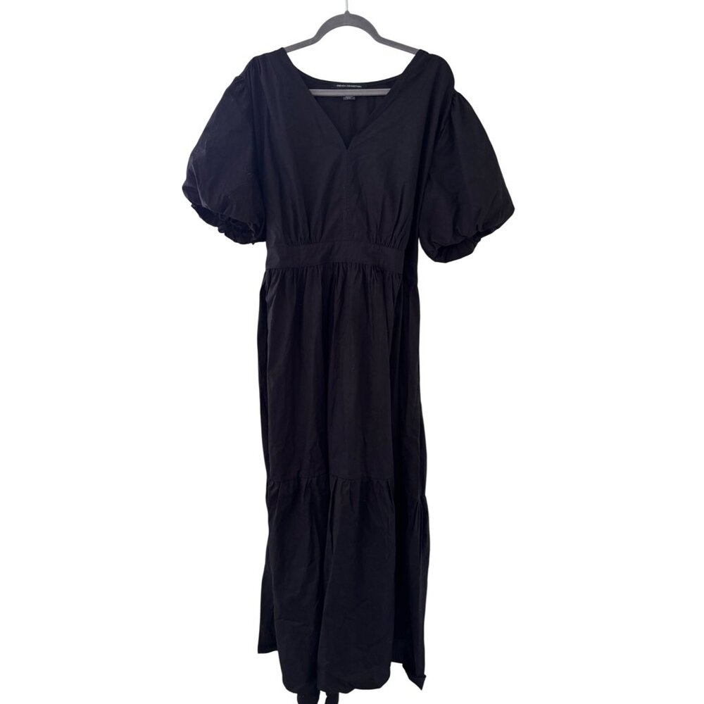 French Connection Black Puff Sleeve V-Neck Maxi Dress XXL Cotton Blend NWOT - Picture 2 of 13